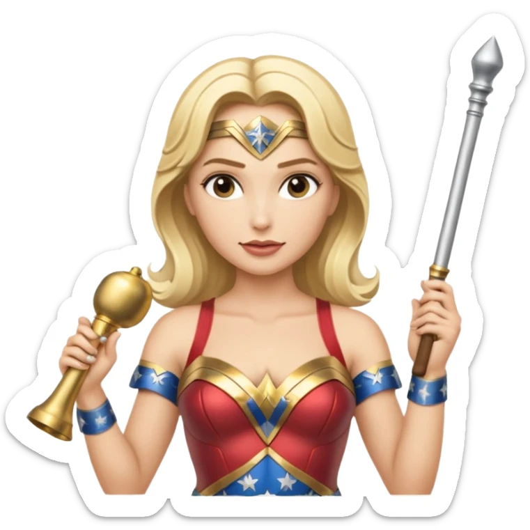 Blonde Wonder Woman holding short white orchestra conductor’s baton and bell sticker