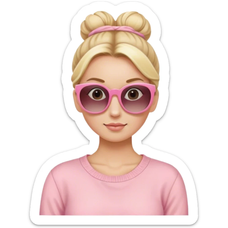 Blonde lady with her hair in a bun working with soft pink clothes and sun glasses sticker