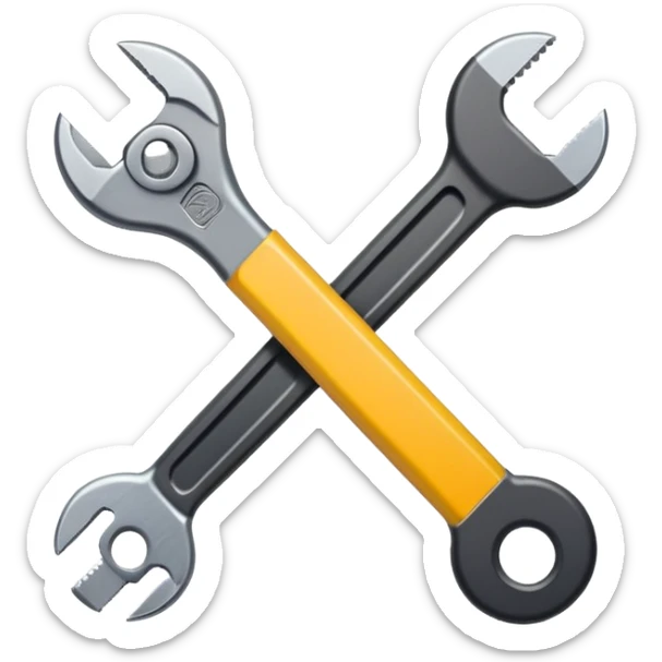 A flat-style illustration of a crossed pencil and wrench icon. Clean, minimal, black icon on white background, cartoon style, iOS emoji aesthetic. sticker
