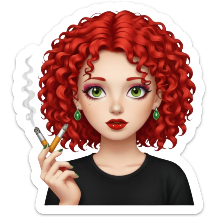bright red curly hair alt girl with makeup and piercings smoking weed sticker