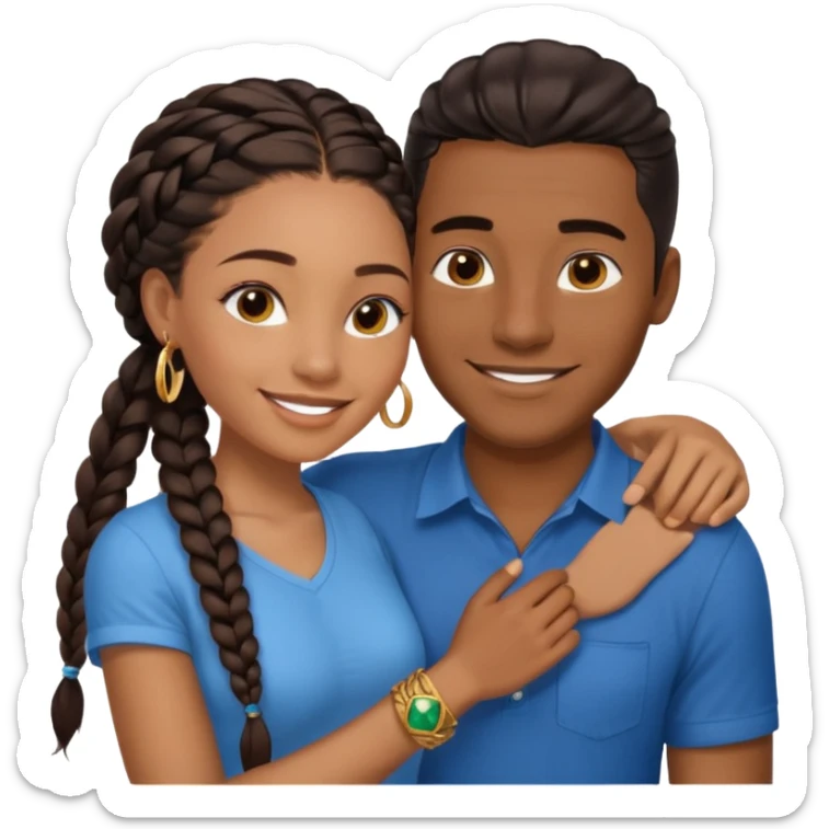 smiling embracing interracial couple. dark ebony woman with long braided hair and jewelry. brazillian man short hair wearing blue. sticker