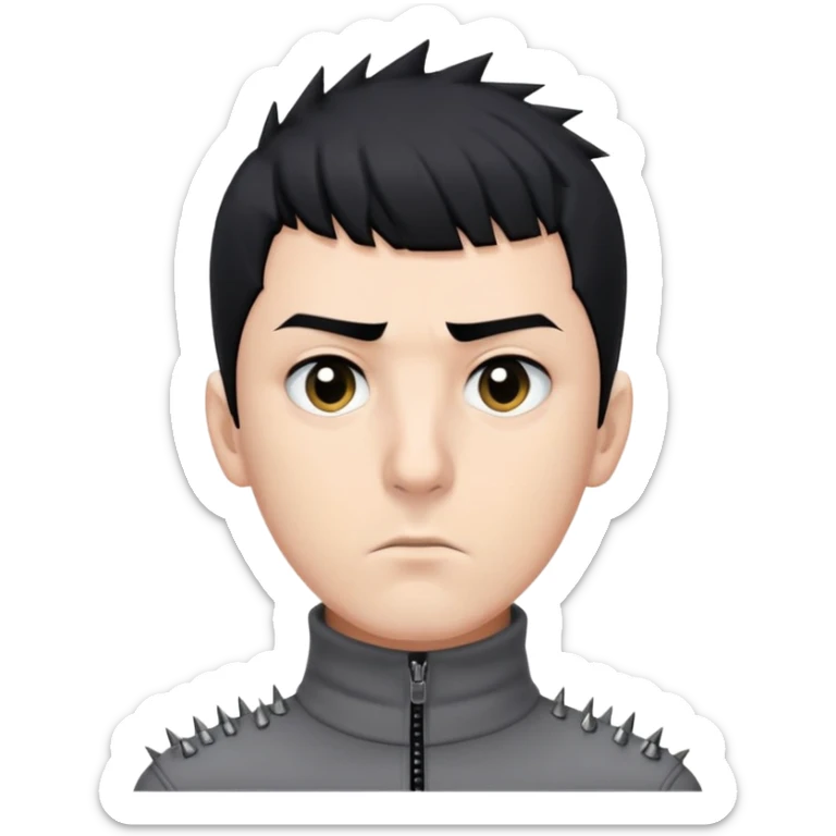 Es hombre, tiene piel clara, pupilas de color negro. Ojos rasgados, nariz tipo botoncito y pequeña. Cabello negro con varios picos y flequillo que cubra su frente. Además de que este serio. Utilizando una camisa gris de cuello alto, cerrada y cierre negro. sticker