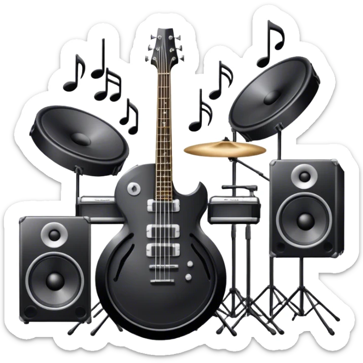 Icon for R&B Music Listening: large concert speakers with waves of musical notes coming out, along with a bass guitar, drum kit, and synthesizer. The icon should convey the energetic and rhythmic vibe of R&B music. Transparent background. sticker