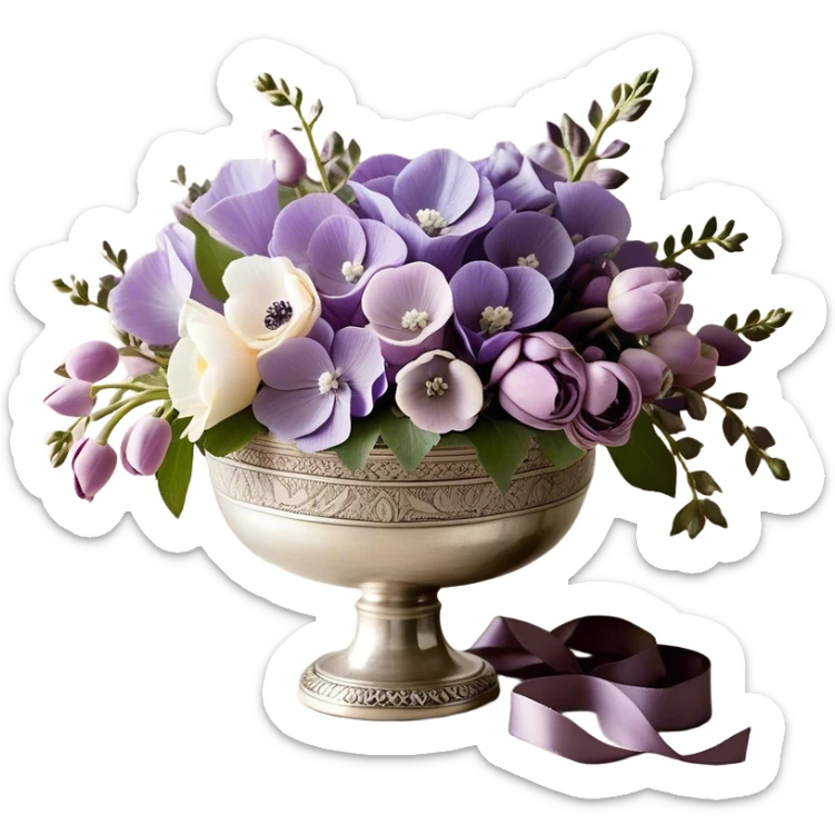 A carefully arranged bouquet of soft purple sweet peas, blush-toned lilacs, and ivory-tipped anemones, tied with a hand-dyed mauve ribbon, rests inside a tarnished silver bowl with intricate engravings. The subtle shimmer of the pearl-colored floral lace wrapped around the stems contrasts beautifully with the deep, velvety petals, evoking a sense of quiet, vintage romance.
 sticker