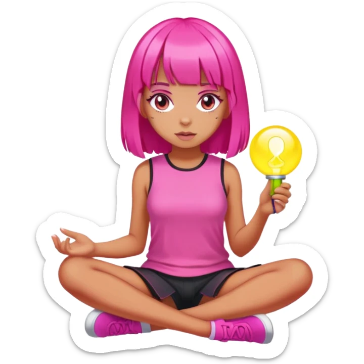tanned girl with hot pink hair with blunt bangs sitting on the ground with a glowing object in her hand sticker