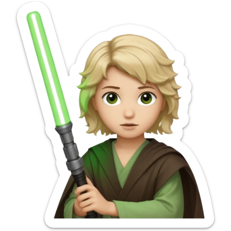 Young jedi with sandy blonde wavy short hair holding a green light saber, he has dark brown eyes sticker