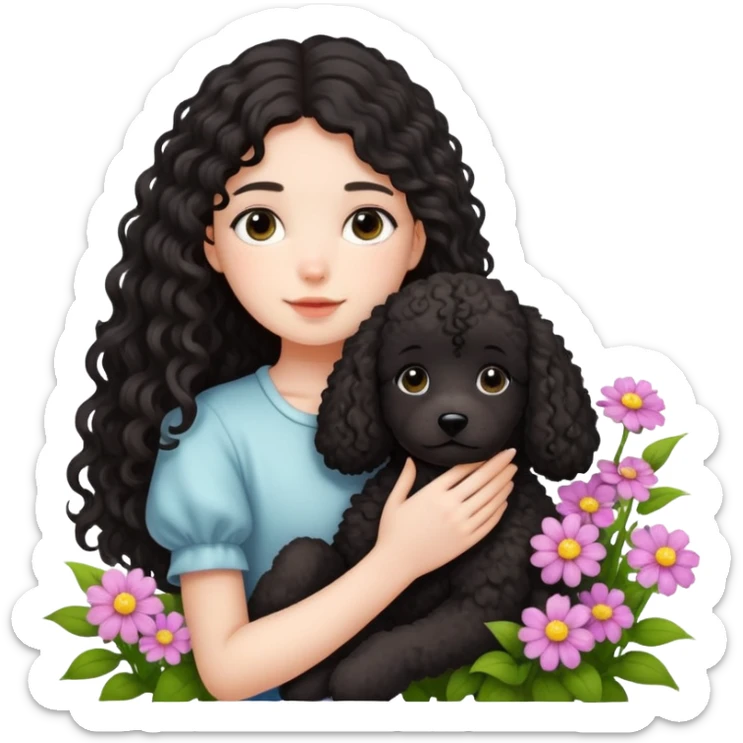 A long-haired girl is holding a black curly-haired teddy dog ​​in the flowers sticker