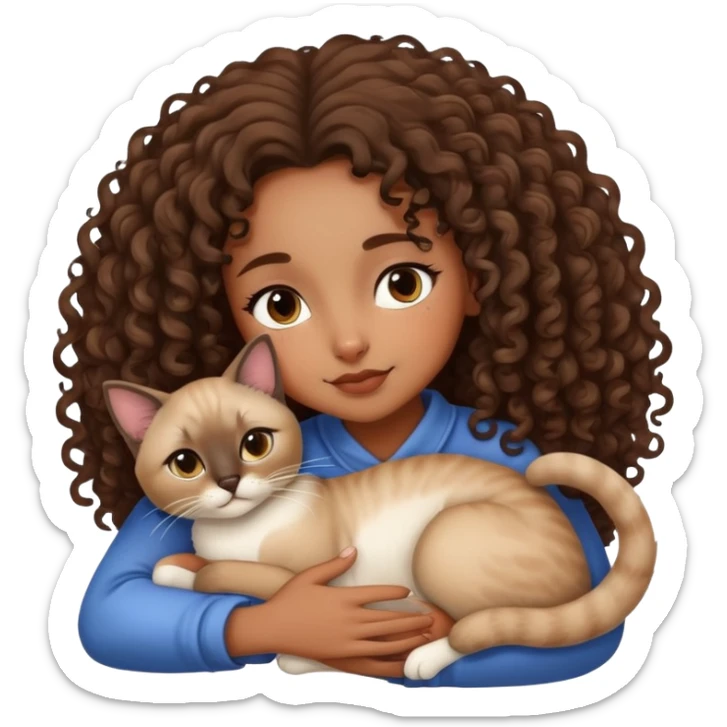 brown skin curly hair girl snuggling siamese cat sticker