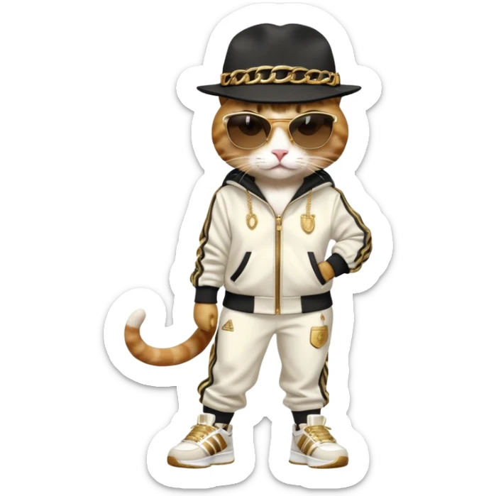 female cat dressed like Run DMC, tracksuit, fedora, gold chains, Adidas shoes, dark sunglasses, upright pose sticker