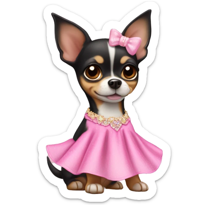 black & tan chihuahua puppy wearing a pink princess dress sticker