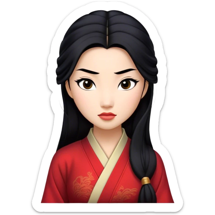 Cinematic Realistic Mulan Portrait, depicted with lifelike skin texture, soft natural lighting, and intricately detailed long black hair styled elegantly. Her deep, expressive eyes exude determination and grace, complemented by a serene yet confident expression. She is dressed in her classic attire, with rich fabric textures and delicate folds that catch the light beautifully. The portrait features a soft, enchanting glow with a natural, radiant finish, capturing the essence of timeless strength and beauty in a realistic and painterly style, evoking a sense of depth and authenticity. sticker