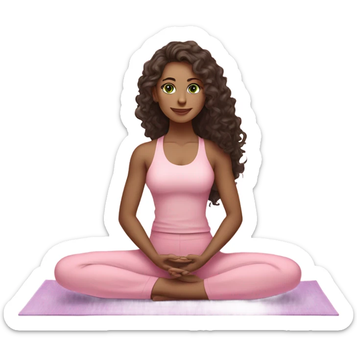 Dark brown long curly hair and green eyes yoga beautiful young woman in light pink pink pink clothes sitting on a yoga mat sticker