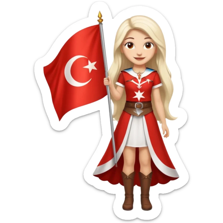 ultra sexy happy Turkish girl with Turkish flag in national outfit, full body, long bright hair sticker