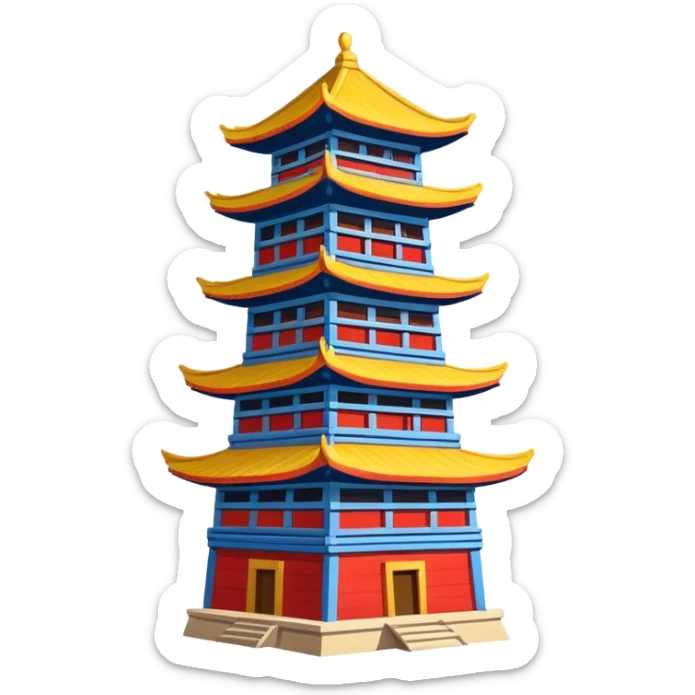 Dong minority drum tower wooden building, simplified emoji style with bold outlines and bright colors, cartoon style traditional wooden tower sticker