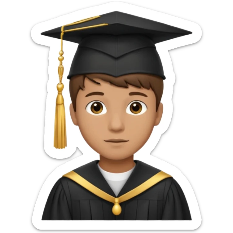 A young man with short brown hair, light brown skin, wearing a black graduation cap with a gold tassel. sticker
