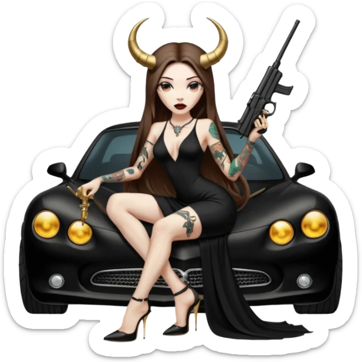Sensual woman long brown straight haired sexy drug lord woman with tattoos on arm sleeves and black thick butt platform high heels on her feet, and devil black horns on her head, she is holding a skull head and a gun. Sitting on gold car full of gold , long black dress with sexy slit sticker