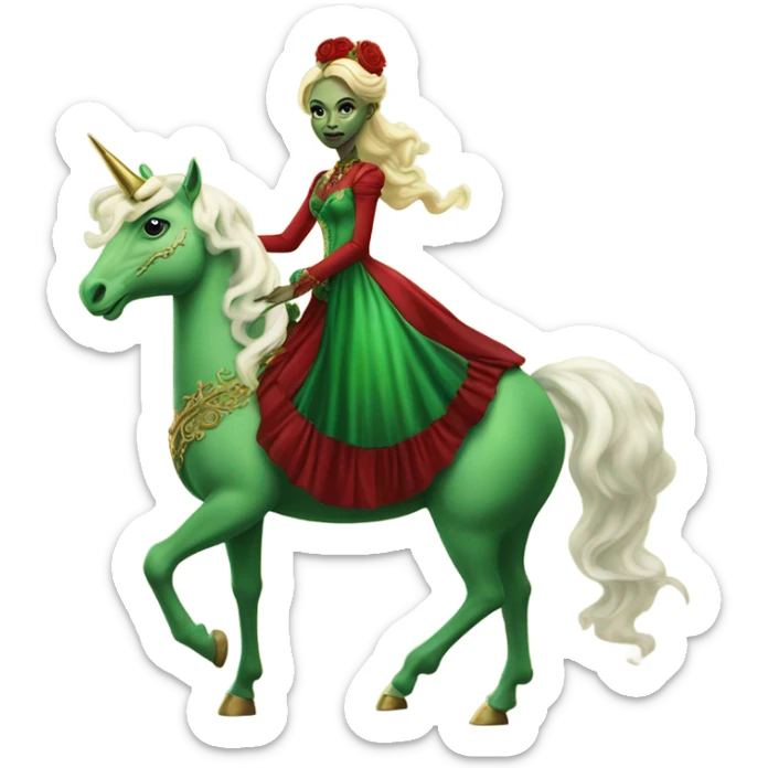 "galora green blonde alien woman" in red Victorian elegant dress, full body, rides unicorn gold and white
 sticker