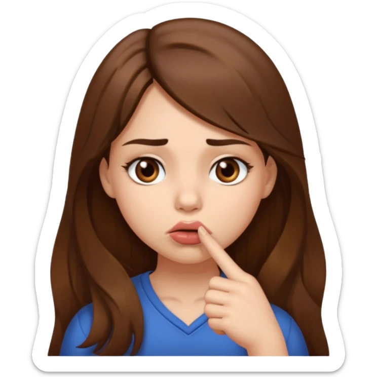Emoji Fille cheveux long et brun yeux brun avec un doigt dans la bouche que la mains sois plancher vers en bas et que elle regarde comme si elle est coquine  sticker