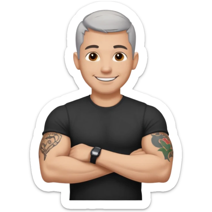 un homme de 35 ans, cheveux très court gris, qui sourit, musclé avec un seul bras tatoué et un tee shirt noir sticker