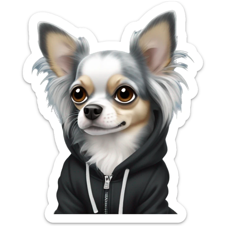 Realistic blue Merle grey long hair chihuahua dog in a black hoody sticker