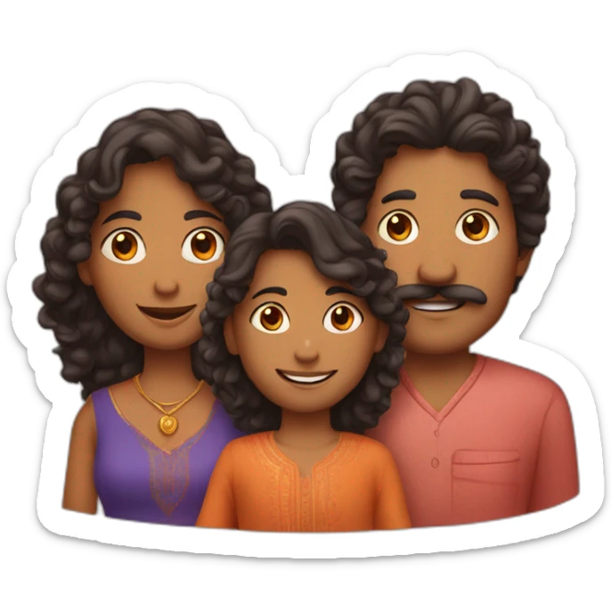 indian family with one dad and one son straight hair and one mom and one daughter curly hair sticker