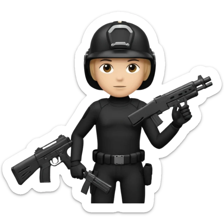 create a emoji of a rookie holding a gun and wearing a helmet, make its outfit black and the figure like a shadow . make sure no color is used. sticker