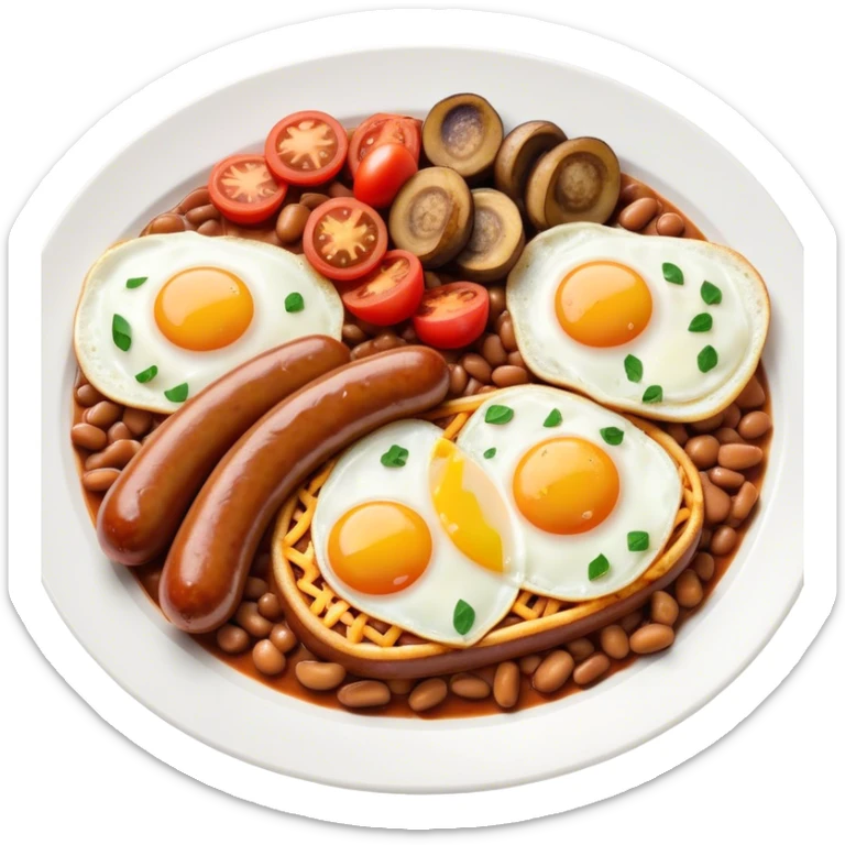 English Breakfast Cinematic Realistic English Breakfast Dish Emoji, depicted as a hearty plate featuring 2 sizzling sausages, a central serving of baked beans, 2 perfectly fried eggs, 2 sliced grilled tomatoes, 2 grilled mushrooms, and a triangle-shaped hash brown, rendered with vivid textures and warm, inviting lighting. sticker