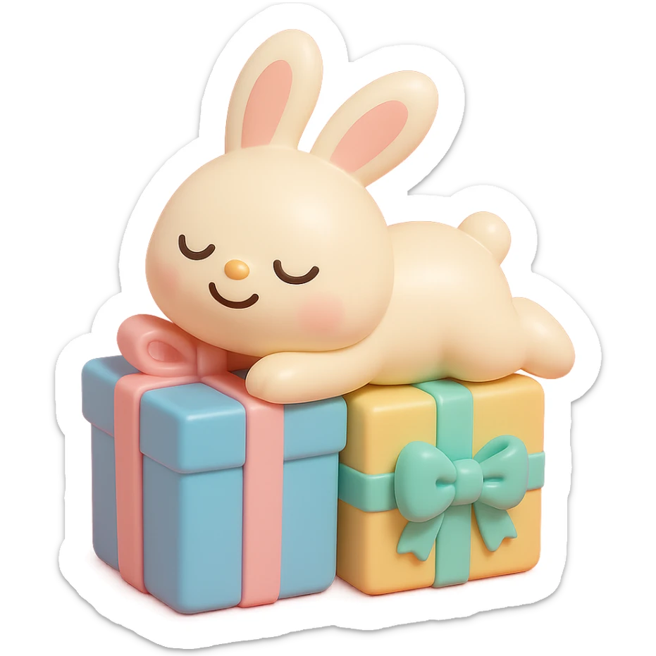 bunny lying on birthday gifts, sleepy and happy smile eyes, vinyl figure style sticker