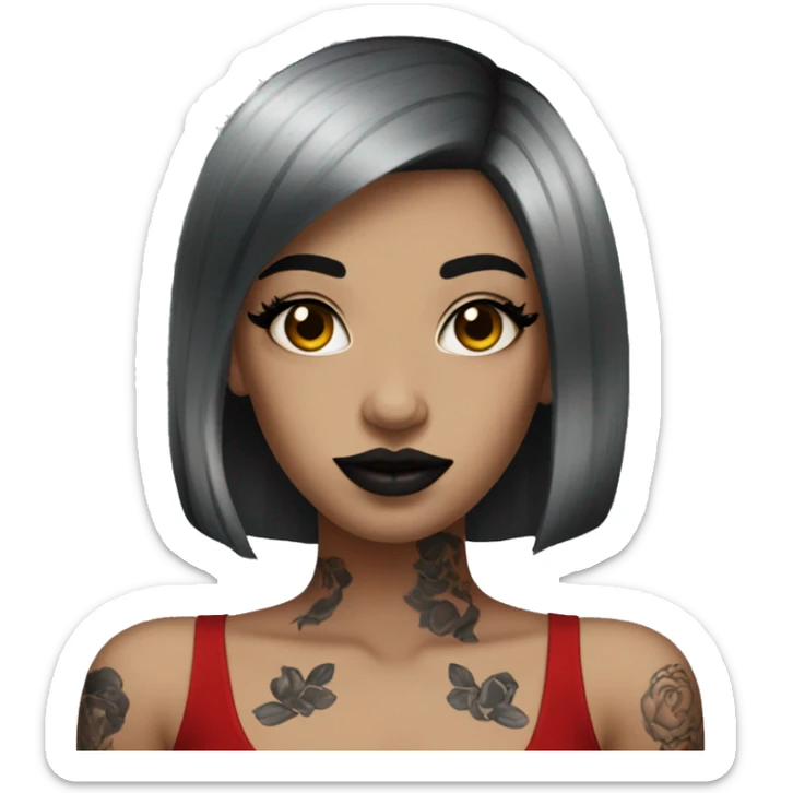 Pale black haired girl with black tattoos on body wearing red lipstick  sticker