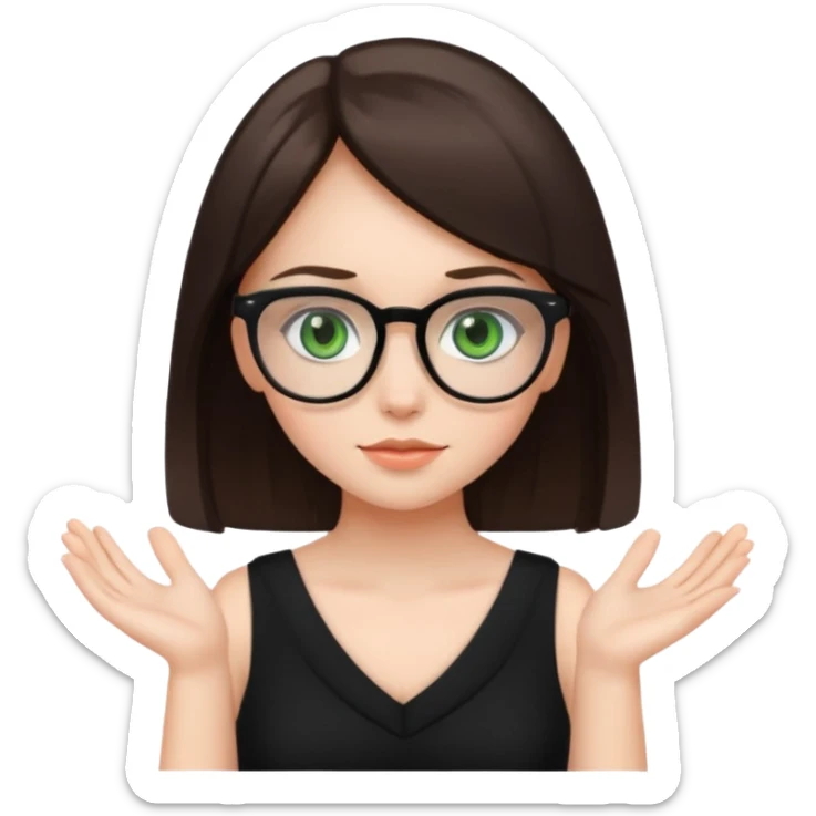 a cute white brunette girl with green eyes in a black dress wearing glasses  with two hands  sticker