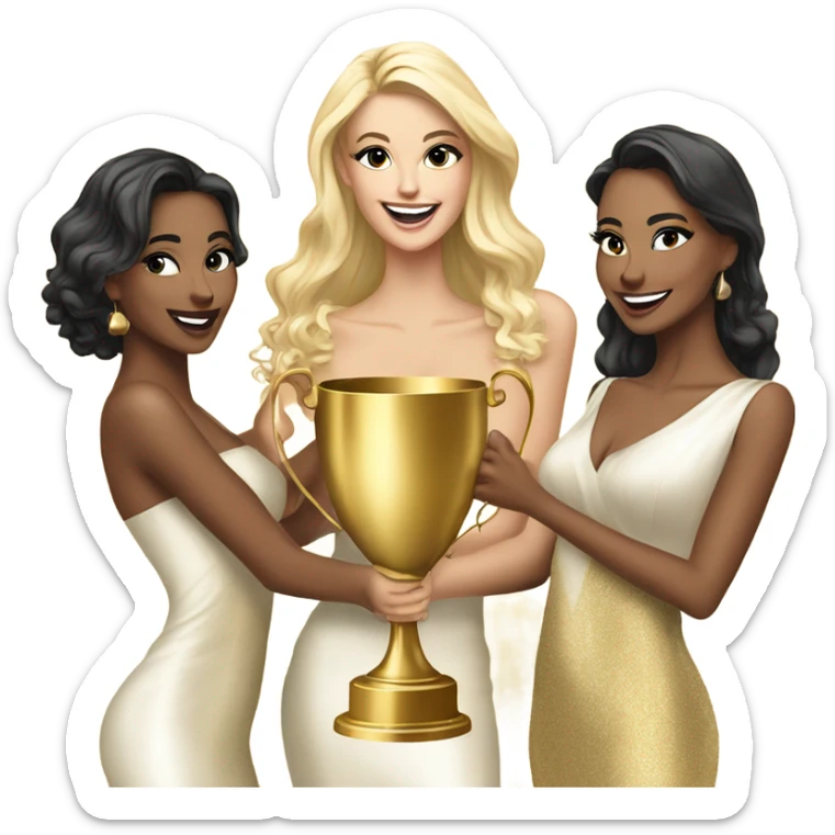 Seven beautiful and stylish blonde and Latina models celebrating with 1 huge gold trophy sticker