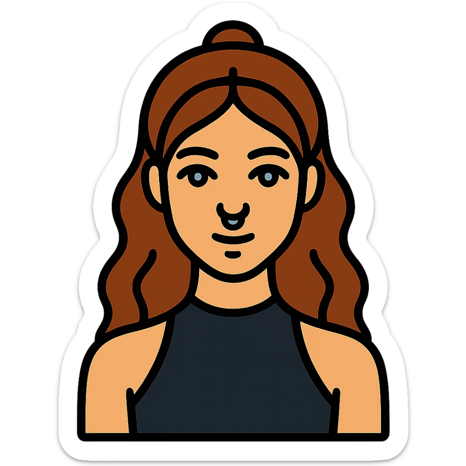 minimal icon of a woman with brunette half-up long wavy hair, blue-grey eyes, black high neck tank top, and a septum piercing, color outline style sticker