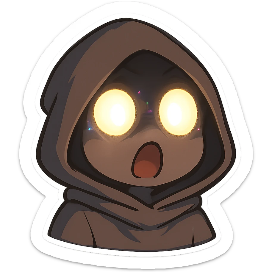 A close-up of a mysterious hooded figure with wide, glowing eyes shining brightly from under the shadow of the hood. The expression looks shocked or amazed, with subtle glitch or aura effects around the eyes. sticker