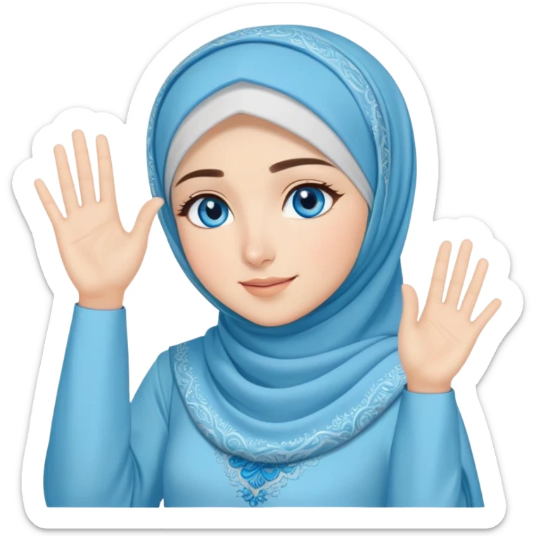 Turkish beautiful finish Konya girl blue eyes with light blue music design hijab islamic dress and musically background and she wave one's hand sticker