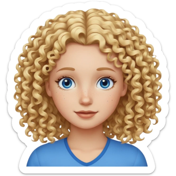 Friendly looking white girl with curly, blonde hair, blue eyes, and freckles. sticker