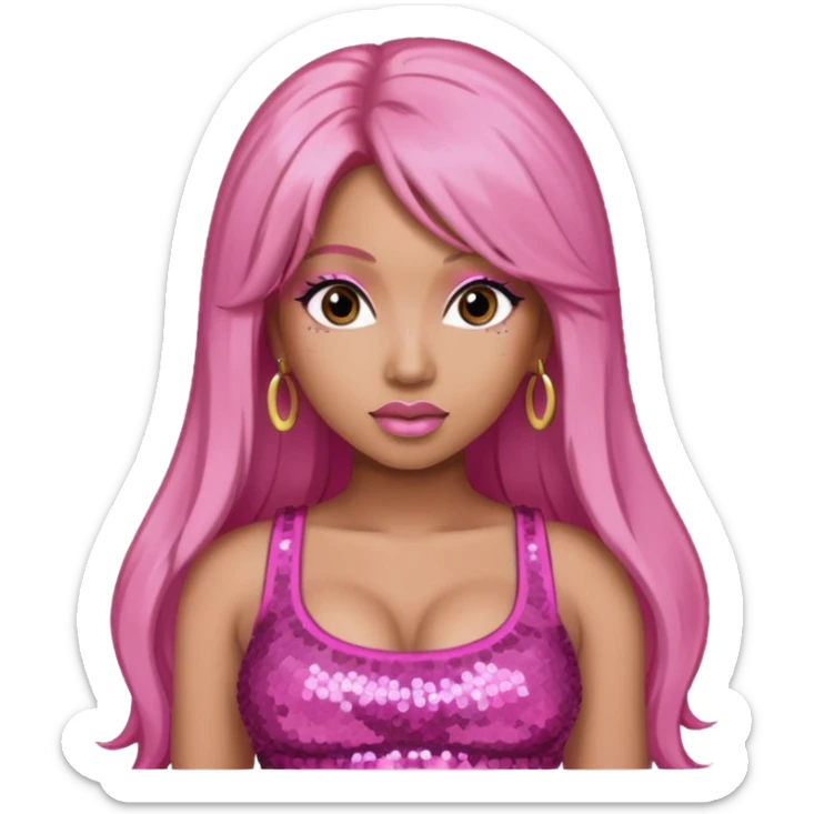 Nicki Minaj with long pink hair, pink sequin crop top, dark brown eye sticker