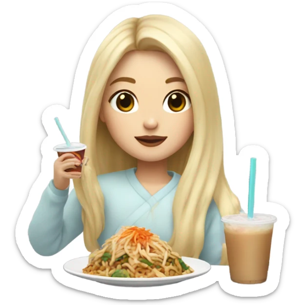  Blonde long hair girl eating Korean food and drinking boba sticker