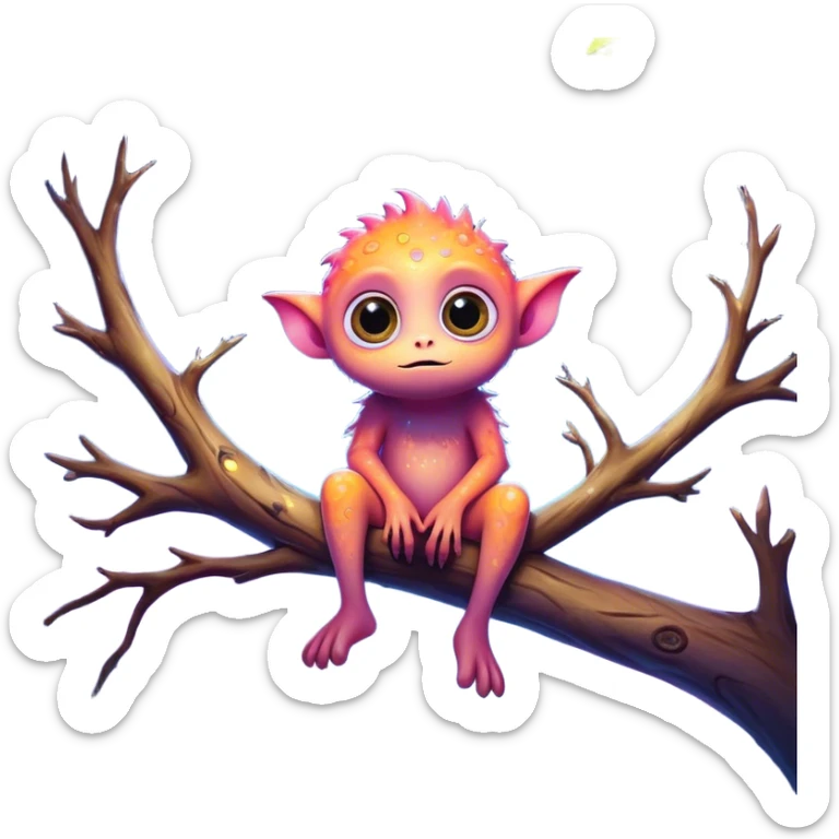 3D, create an image of a cartoon monster with big eyes sitting on a tree branch, thomas kinkade and paul lehr, pixar cute character design, by Anne Stokes, splashes of neon galaxies, adorably cute, drew struzan inspiration, 2019, by Wojciech Korneli Stattler, beautiful mattepainting sticker