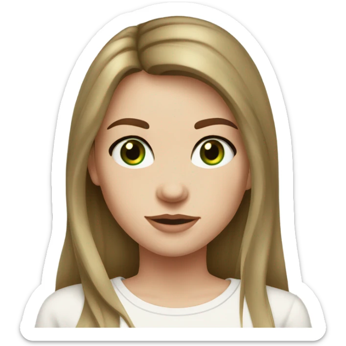 white girl. long brown hair with curtain bangs. freckles. long sleeve plain white shirt. gold necklace. dark green eyes. white shirt. sticker