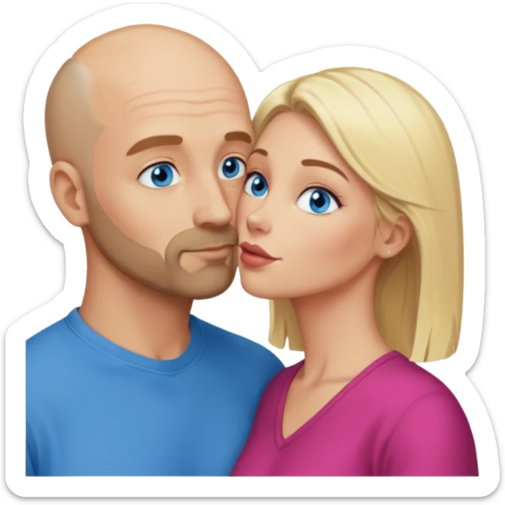 middle age bald man with scruff, blue eyes a.  Kissing blonde woman with blue eyes sticker