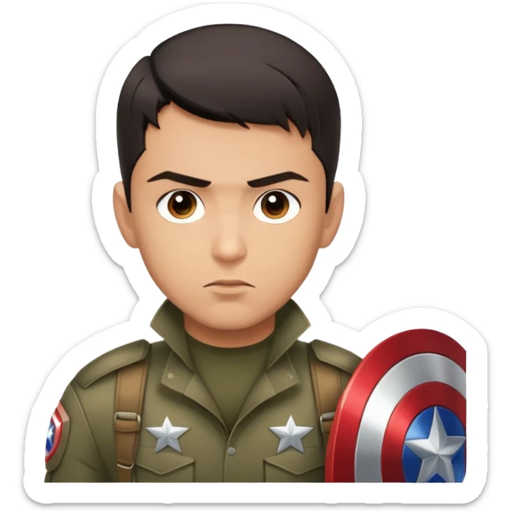 A young, confident Latino actor with short, dark hair, dressed in a modern military-style outfit. He has a determined expression on his face, with the Captain America shield subtly reflected in his eyes. The scene takes place in a gritty urban environment with a touch of superhero flair. sticker