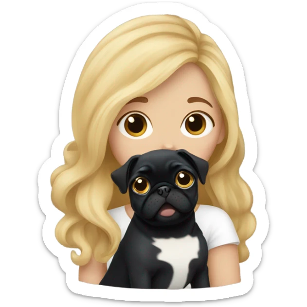 Girl with wavy blonde hair kissing a black pug sticker