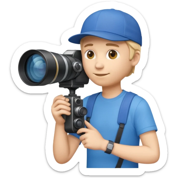 3D emoji-style icon of a photographer in side profile, wearing a blue cap backwards and a blue t-shirt, holding a professional camera with a long telephoto lens sticker