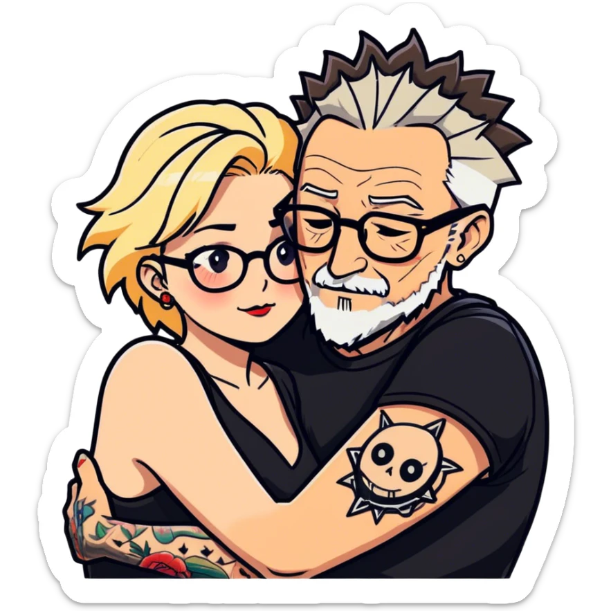 A couple in love, older man man had short spiky salt and pepper hair and a short stubbly beard and no glasses he has tattoo sleeves. The lady is younger, blonde long hair and curvy  cleavage and wears glasses and makeup sticker