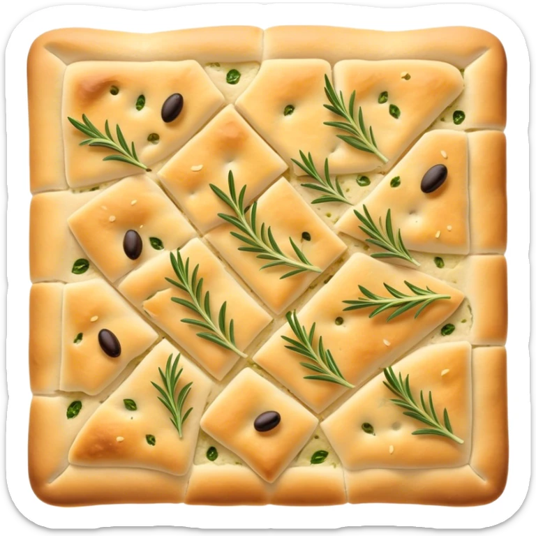 Focaccia Cinematic Realistic Focaccia Bread Dish Emoji, depicted as a golden, olive-oil brushed flatbread sprinkled with herbs, rendered with lifelike textures and warm, inviting lighting. sticker