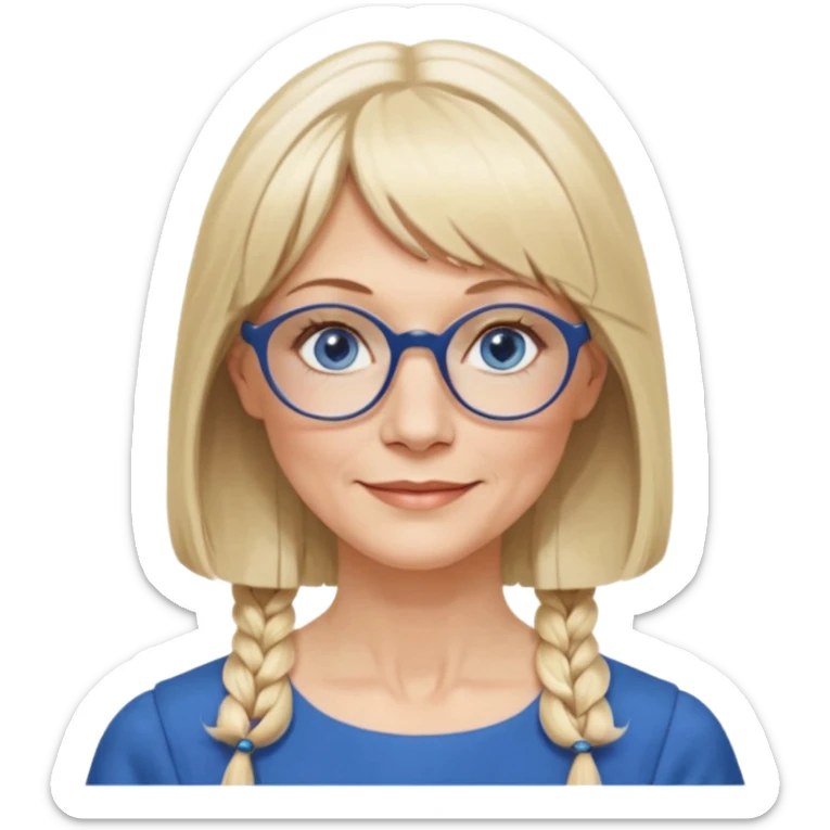 50 yr old white woman, hippie parted very long hair, short bangs, very long straight blond hair, oval face, small smile, blue eyes, thin face, hair downback, hair parted at center of head, round cheeks, pale, longer hair, business dress, long hair, big square glasses, long hair sticker