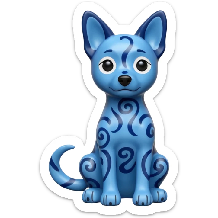 The image is of a small figurine of a blue dog. The dog is sitting on its hind legs with its front paws stretched out in front of it. The body of the dog is covered in a pattern of blue and black swirls, giving it a textured appearance.  sticker