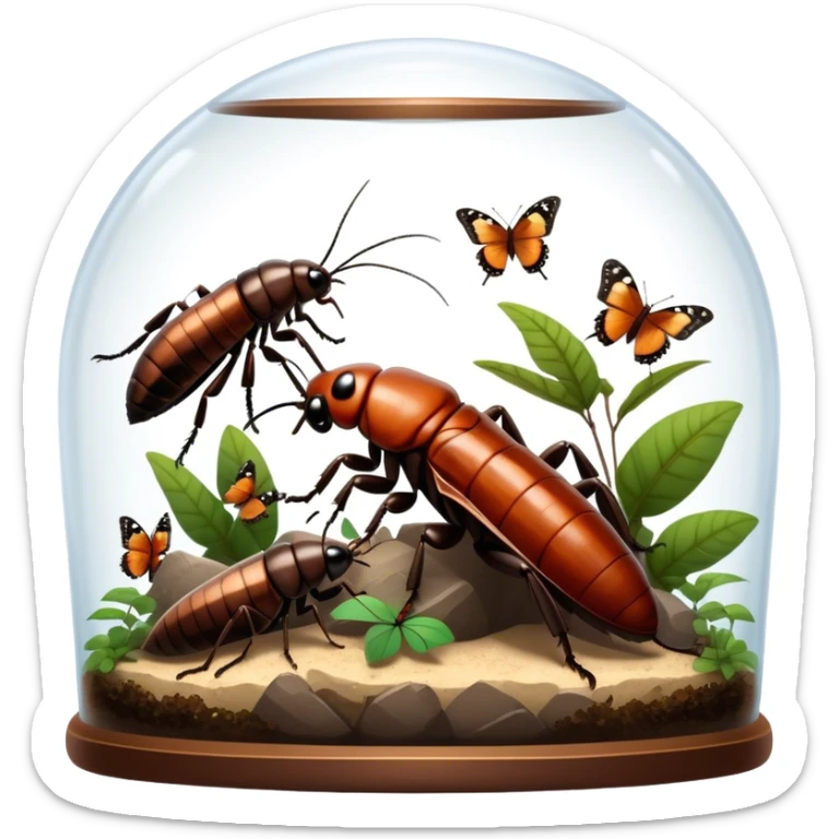 Close-up of giant Madagascar hissing cockroaches, butterflies, and stick insects inside a terrarium, with detailed textures of their bodies, wings, and legs. Soft lighting highlights their features. Transparent background. sticker