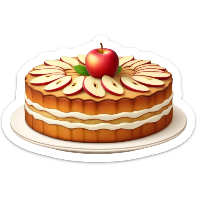 cinematic-realistic-apfelkuchen-dessert-emoji,-depicted-as-a-classic-apple-cake-with-cinnamon-and-thinly sliced apples on the top a few neatly spread out-rendered-with-soft-textures-and-warm,-inviting-lighting. sticker