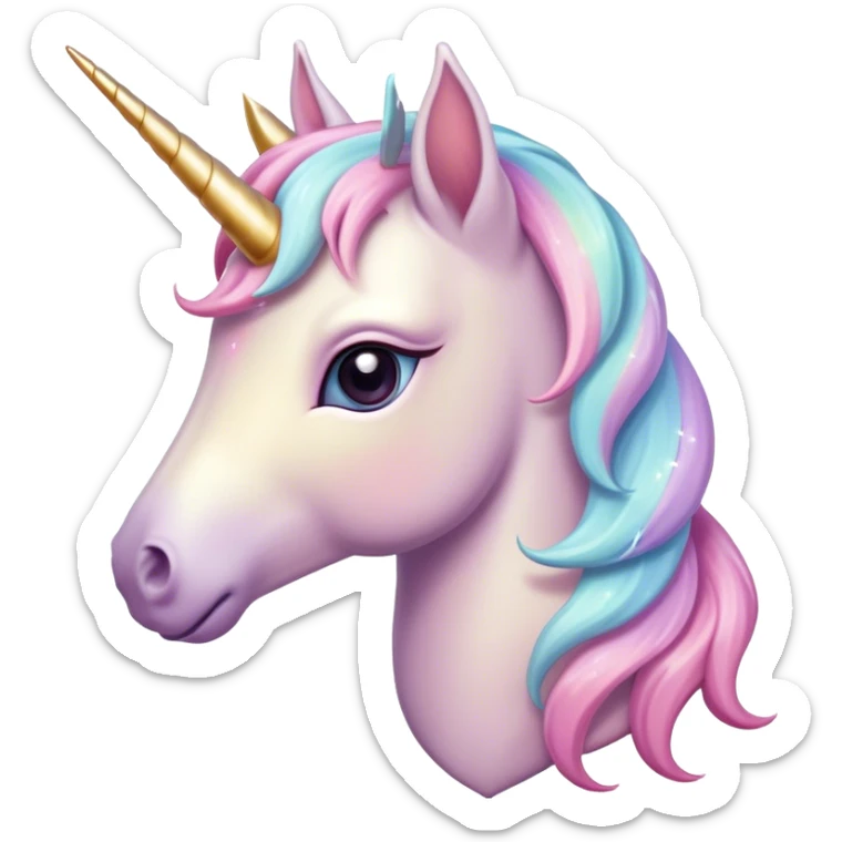 Cinematic Noble Unicorn Pony Portrait Emoji, Poised and graceful, with a delicate, miniature equine build adorned with a soft, pastel color, a tiny, shimmering horn and a silky mane that hints at magical charm, Simplified yet sharp and sophisticated features, highly detailed, glowing with a soft, enchanted glow, high shine, intelligent and spirited, stylized with an air of fairy-tale elegance, focused and poised, soft glowing outline, capturing the essence of a watchful and confident unicorn pony that appears ready to trot out of the screen with graceful magic! sticker